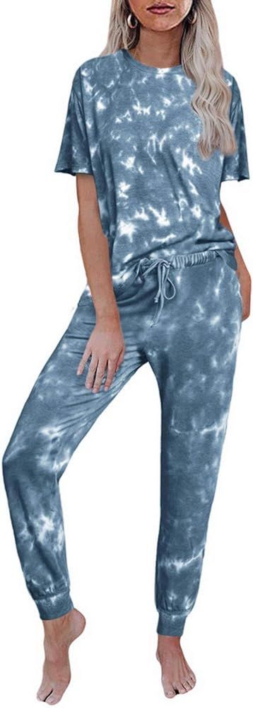 Women Tie Dye Pajama Set Loungewear Short Sleeve Drawstring Sleepwear Joggers Nightwear with Pock... | Amazon (US)