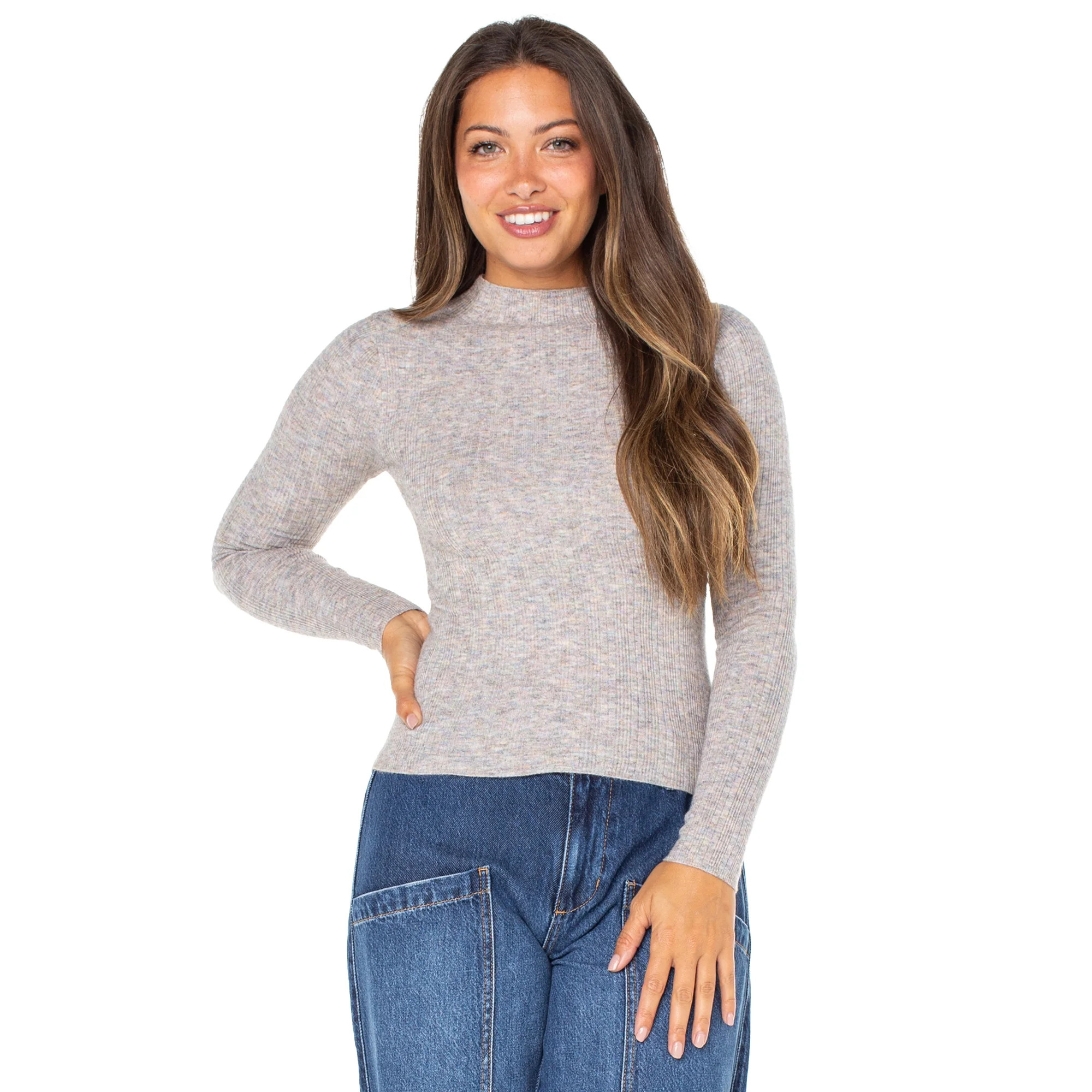 Celebrity Pink Women's Long Sleeve Mock Neck Rib Top, Sizes XS-XXXL | Walmart (US)