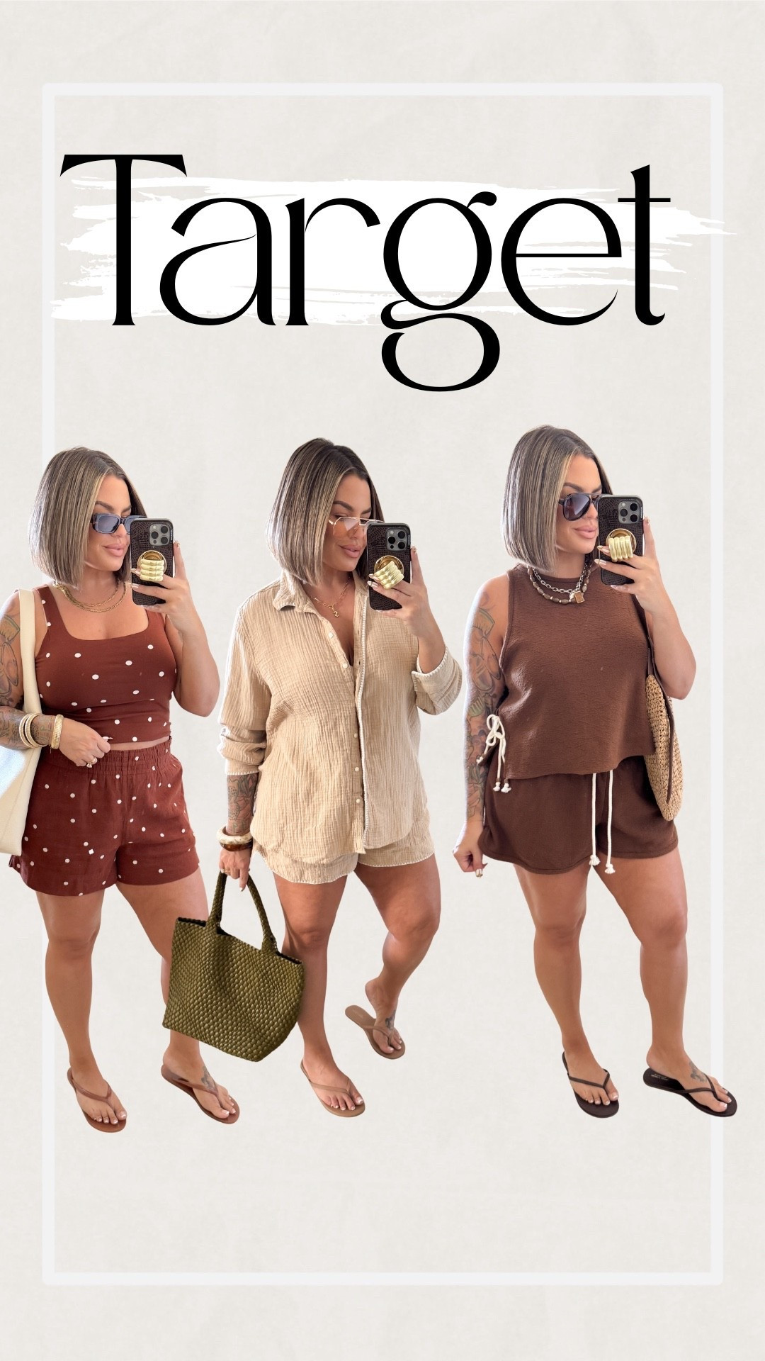 @Target outfits under $50 for both top and bottom ! 

Polka dot tank M 
Polka dot shorts L 
Long sleeve top sized up 2 sizes for oversized fit I’m wearing xxl in the top and L in the shorts 
Brown tank M it’s very oversized size down 
Brown shorts L 

#target #ad