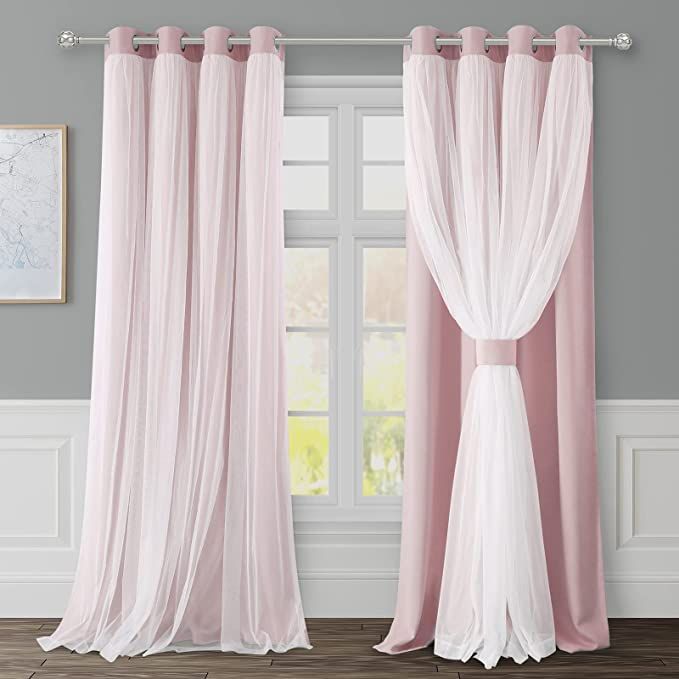 HOMEIDEAS Double Layer Curtains Pink Blackout Curtains 96 Inch Length 2 Panels Nursery Curtains f... | Amazon (US)