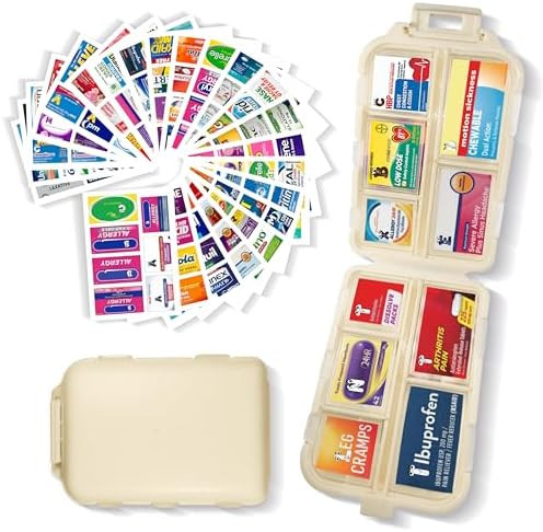 Pill Organizer with 161 Medicine Labels, Beige Travel Pill Case | Compact 10-compartment pill cas... | Amazon (US)