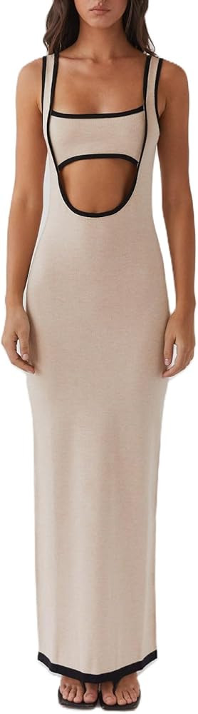 Women Summer Knitted Long Tank Dress Sleeveless Backless Contrast Color Cutout Bodycon Beach Club... | Amazon (US)