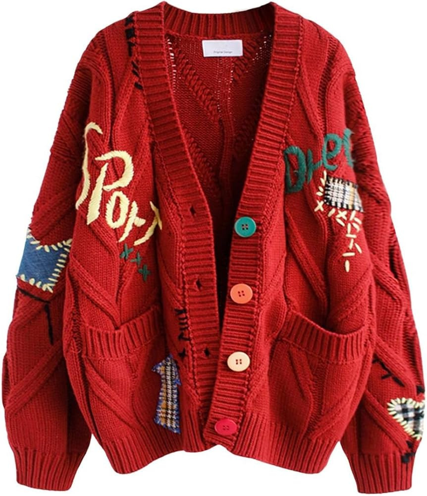 CHARTOU Women Chunky Cable Knit Cardigan Embroidery Button Down Sweater Jacket Knitwear | Amazon (US)