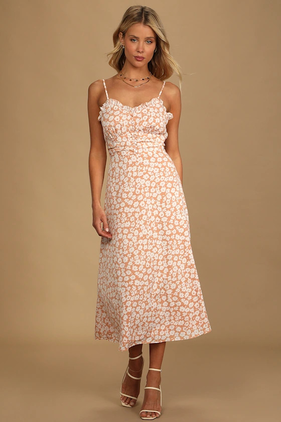 Timeless Touch Peach Floral Print A-Line Midi Dress | Lulus (US)