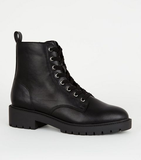 Black Leather-Look Chunky Lace Up Boots | New Look | New Look (UK)