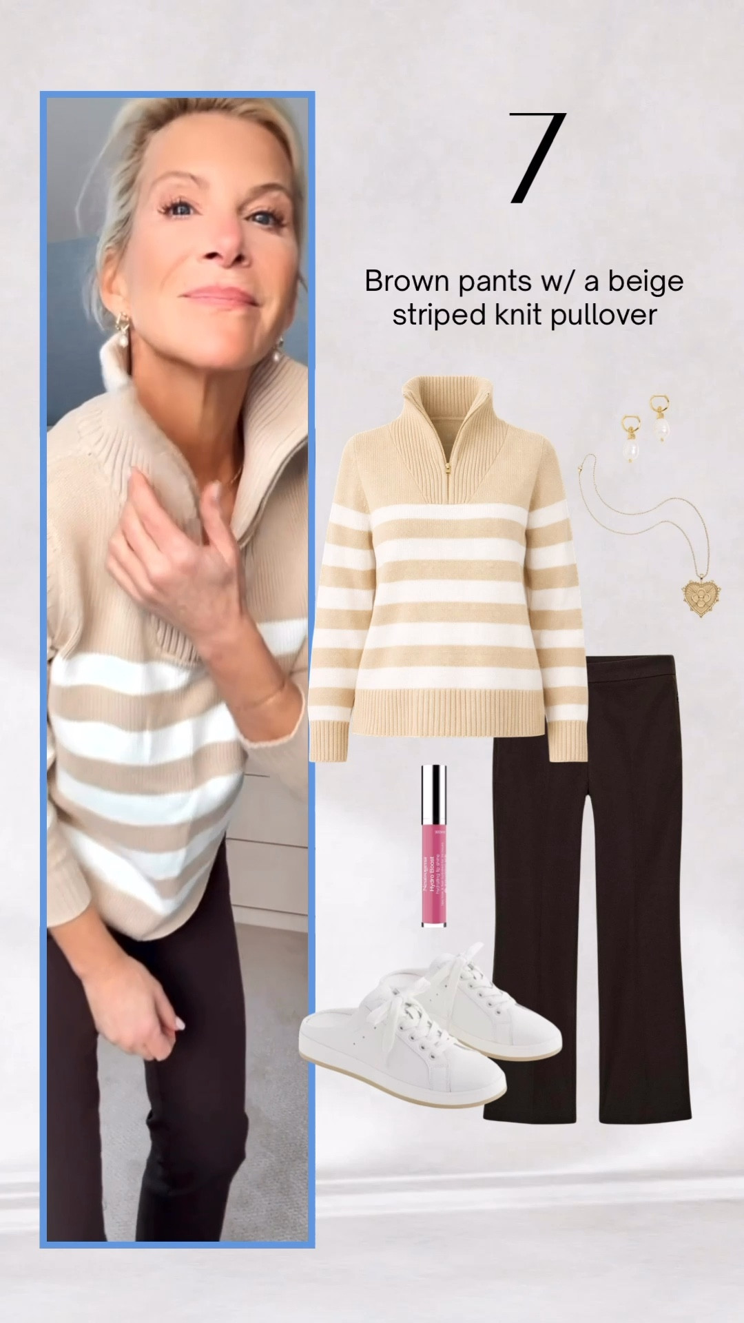 Neutral striped sweater outfit with brown pants and white sneakers for effortless style.

#LTKOver40 #LTKootd