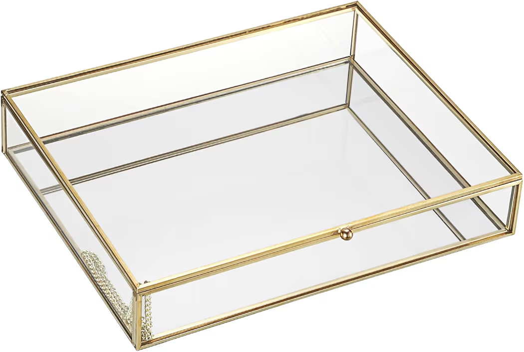 Hipiwe Golden Jewelry Storage Box Home Decorative Box with Mirror Base Glass Photo Organizer for ... | Amazon (US)