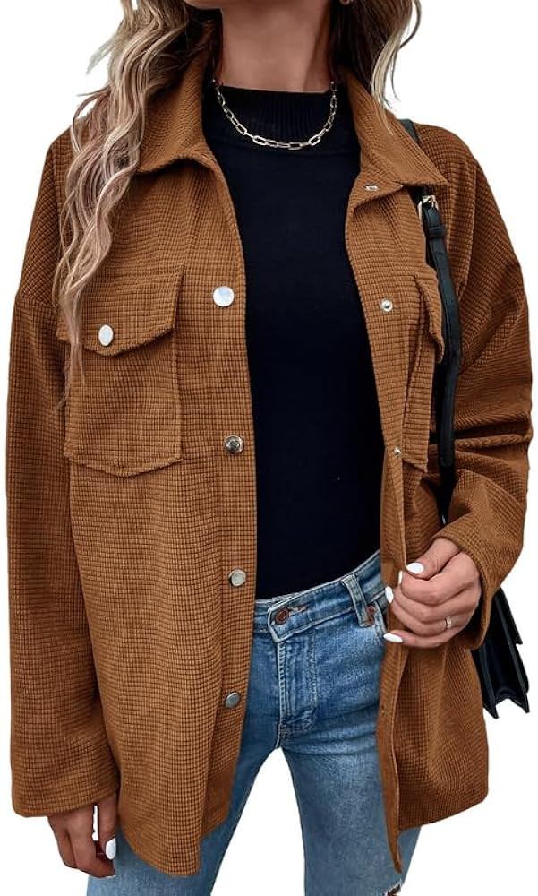 lluviacida Womens Waffle Knit Shirt Long Sleeve Button Up Blouses Loose Shacket Jacket 2023 Winte... | Amazon (CA)