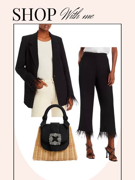 Feather blazer and pants. Rhinestone wicker bag  

#LTKstyletip #LTKGiftGuide #LTKitbag