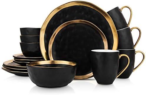 Stone Lain Porcelain 16 Piece Dinnerware Set, Service for 4, Black and Golden Rim | Amazon (US)