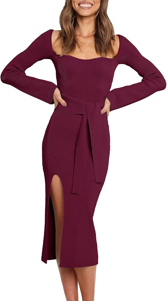 Prinbara Women's Sweater Dress 2023 Fall Long Sleeve Sweetheart Neck Tie Waist Slim Knit Midi Bod... | Amazon (US)