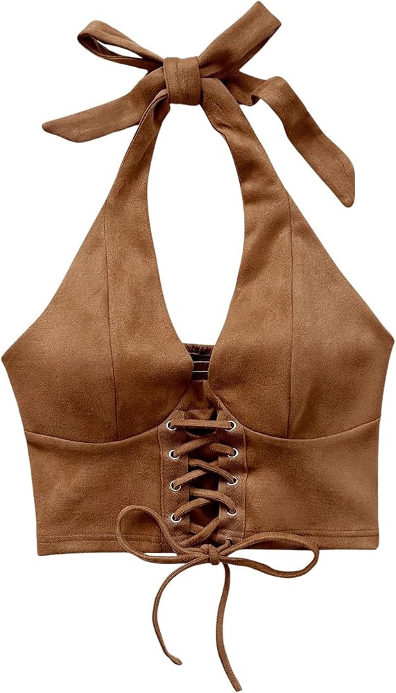 MakeMeChic Women's Lace Up Crop Halter Top Shirred Tie Back Sleeveless Suede Tops | Amazon (US)