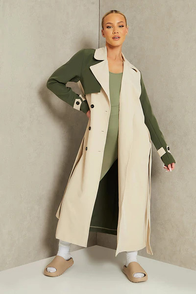 Stone Contrast Colour Block Trench Coat | ISAWITFIRST UK