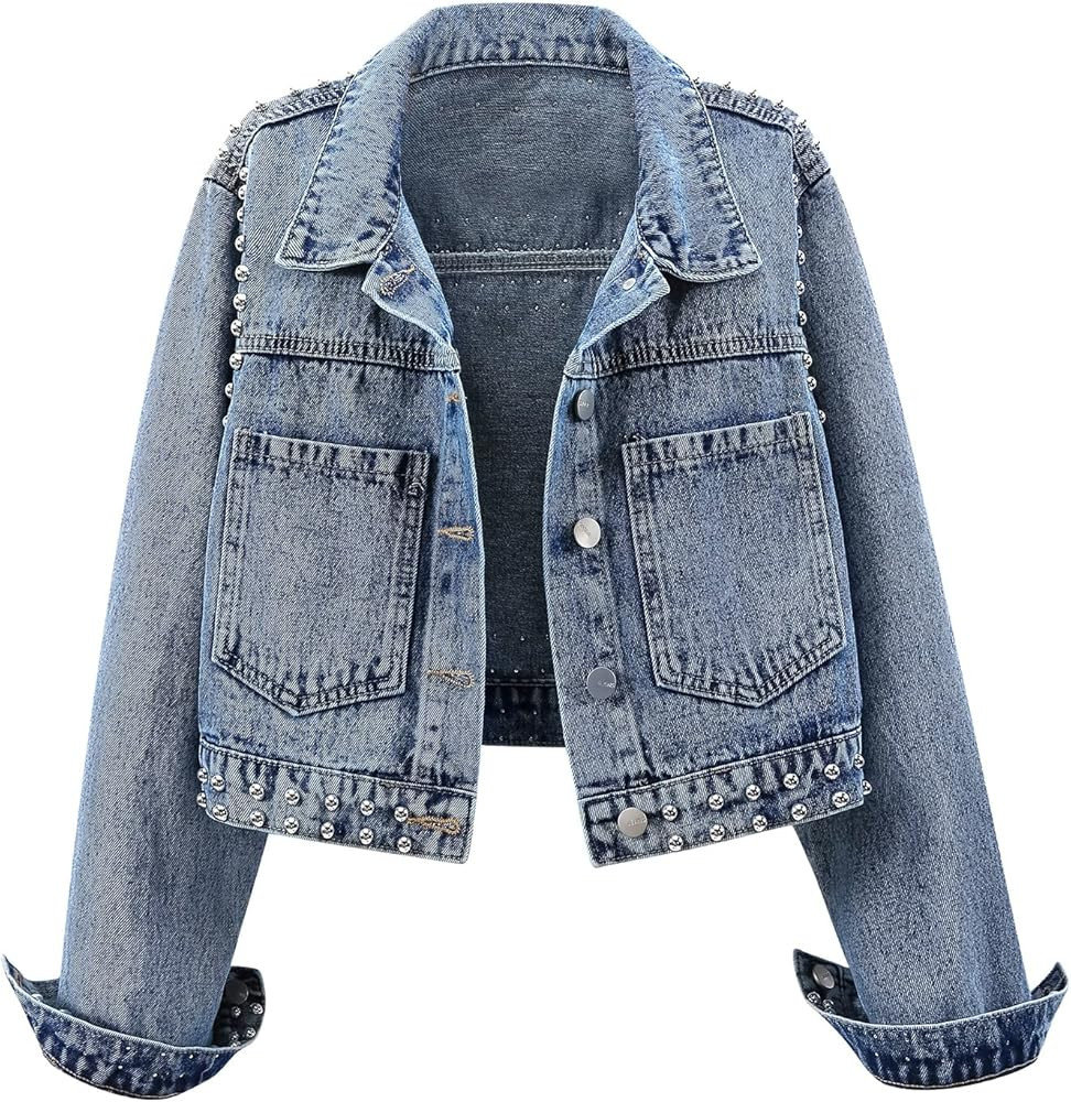 Kedera Women Cropped Ripped Distressed Denim Jean Jacket Coat Studded Fringe with Frayed Hem | Amazon (US)