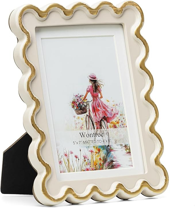 5x7 Picture Frame in Beige with Shinning Gold Wavy Edge, Resin Frame with Real Glass, Display 5x7... | Amazon (US)