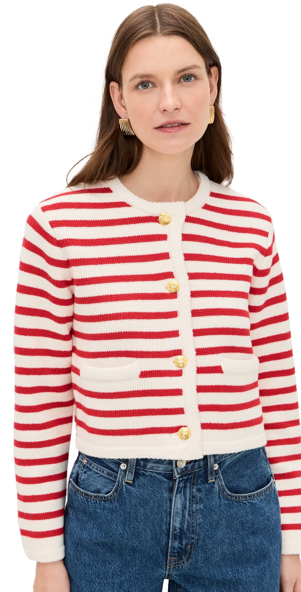 English Factory Knit Striped Sweater Cardigan Red/Cream M | Shopbop