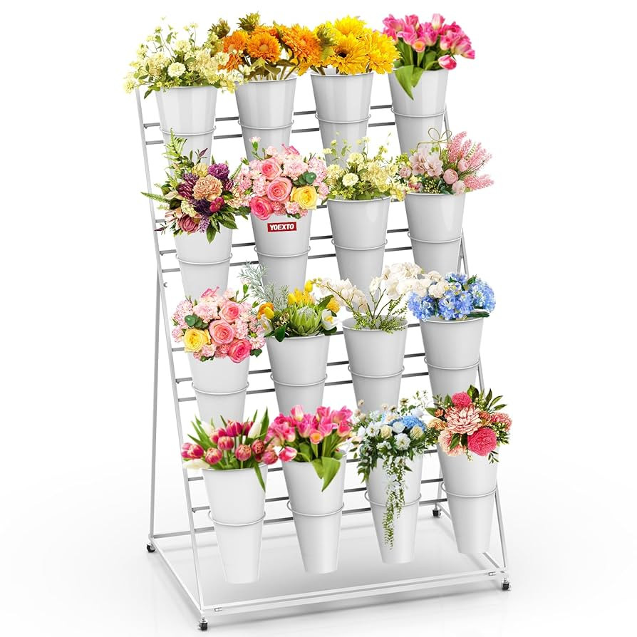 Flower Display Stand 4 Layers with 16 PCS Round Buckets, Plant Stand with Wheels, Movable Metal P... | Amazon (US)