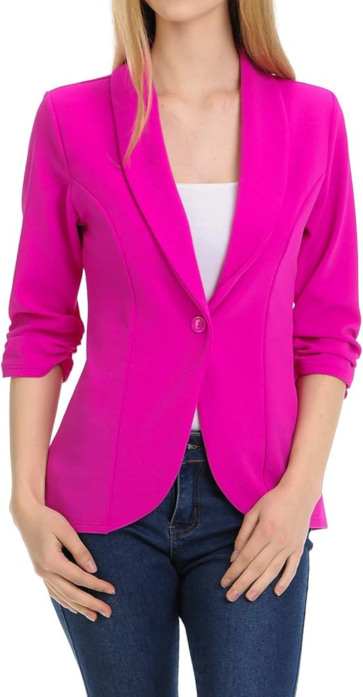 MINEFREE Women's 3/4 Ruched Sleeve Lightweight Work Office Blazer Jacket (S-3XL) | Amazon (US)