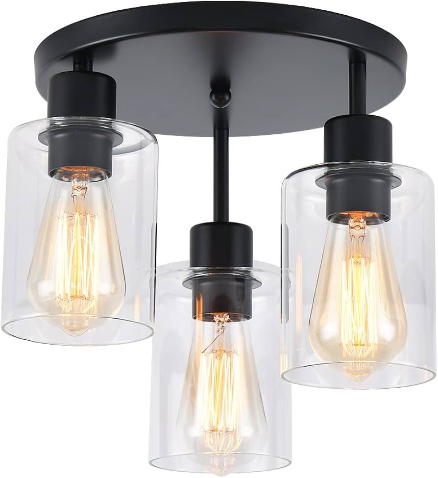3-Light Industrial Farmhouse Black Matte Light Fixtures Ceiling Mount, with Clear Glass Shades Se... | Amazon (US)