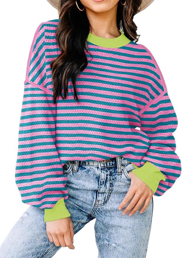 Womens Sweaters Fall 2024 Fashion Long Sleeve Color Block Oversized Sweaters Trendy Casual Crew N... | Amazon (US)