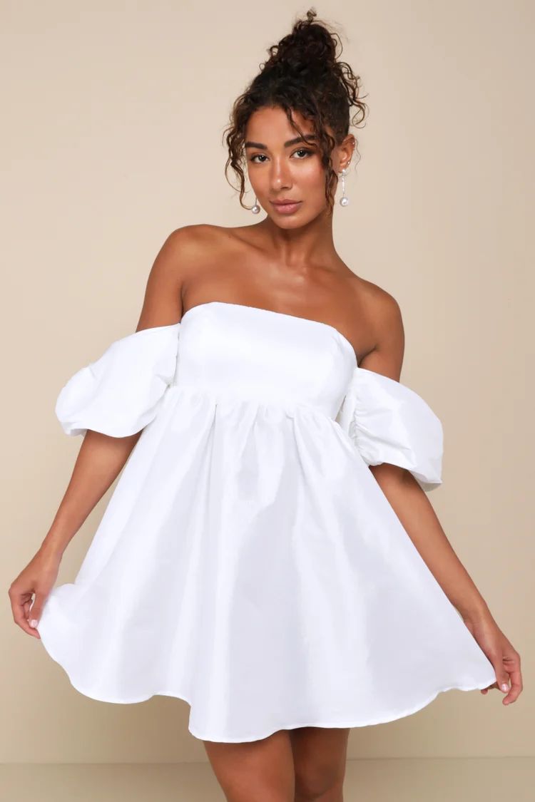 Sweet Vision White Taffeta Off-the-Shoulder Babydoll Mini Dress | Lulus