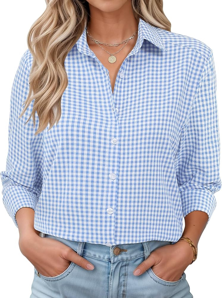 LOMON Womens Long Sleeve Button Down Shirts Casual Loose Fit Cotton Collared Blouses | Amazon (US)