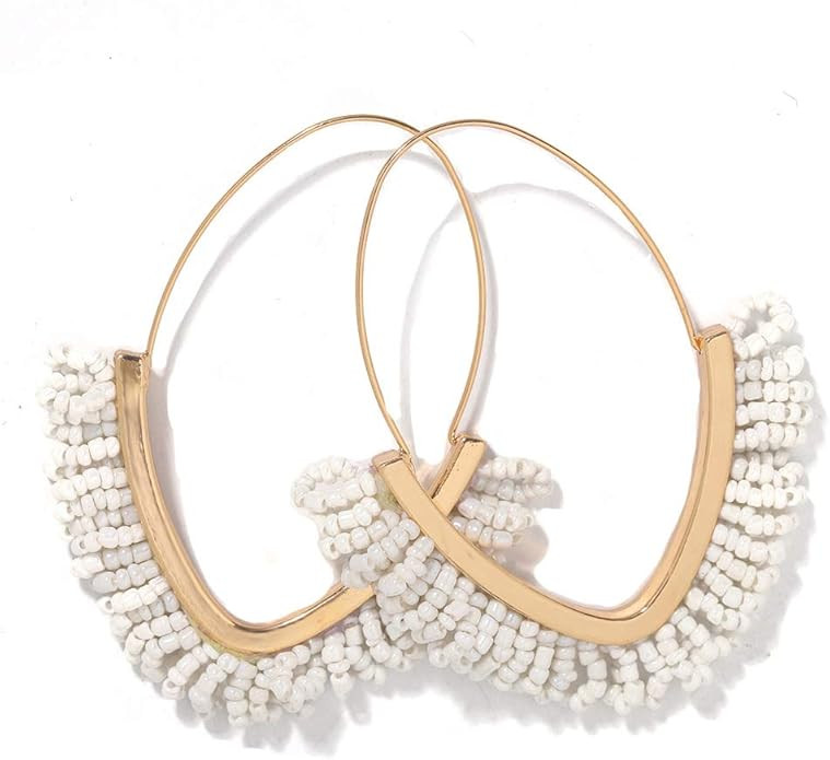 V-Shaped Beaded Dangle Earrings - Statement Drop Fringe Earrings, Boho Handmade Tassel Jewelry Gi... | Amazon (US)