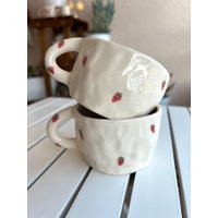 Handmade Strawberry Ceramic Mug, Cute Wavy Cup With Strawberries, Kawaii Pottery Coffee Mug, Unique Gift For Her, Strawberry Kitchen Decor, Mug | Etsy (US)