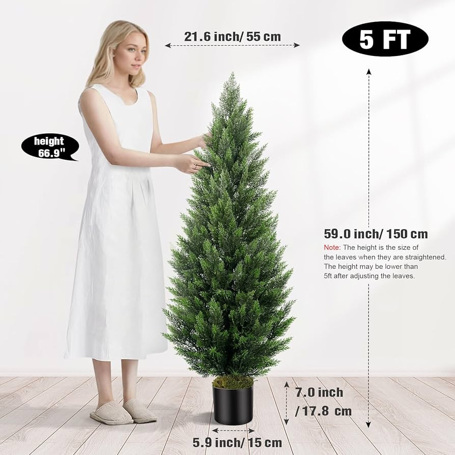 Artificial Topiary Cedar Trees 5FT Tall 2 Set, Outdoor Indoor Faux Pine Shrubs Plants, Realistic ... | Amazon (US)