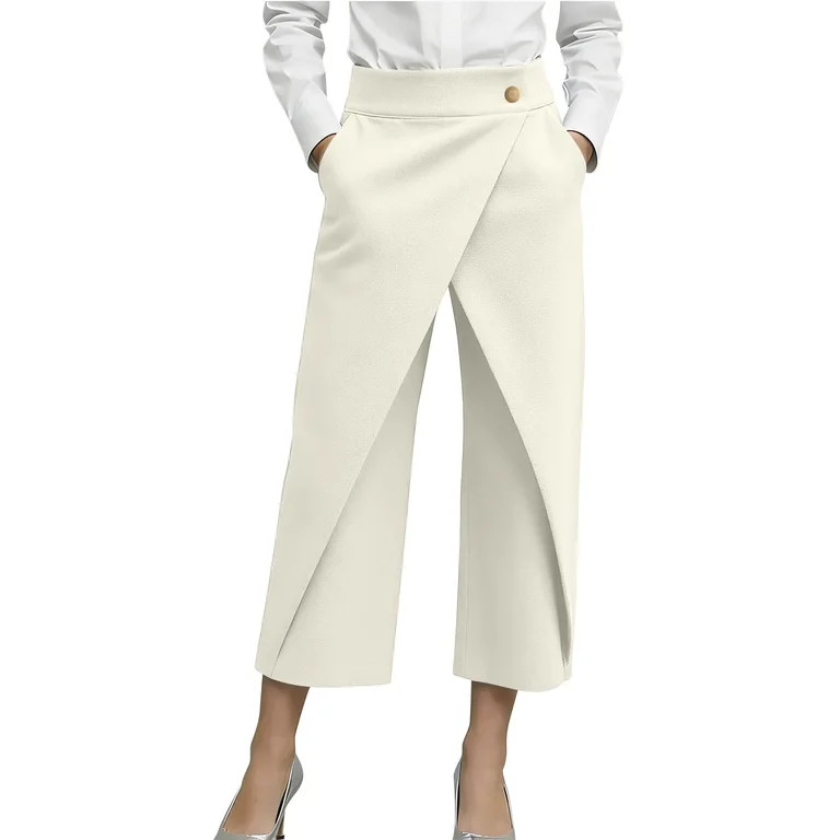 Floleo Women's High Waisted Wrap-Front Cropped Pants Wide Leg Tailored Culottes with Decorative B... | Walmart (US)