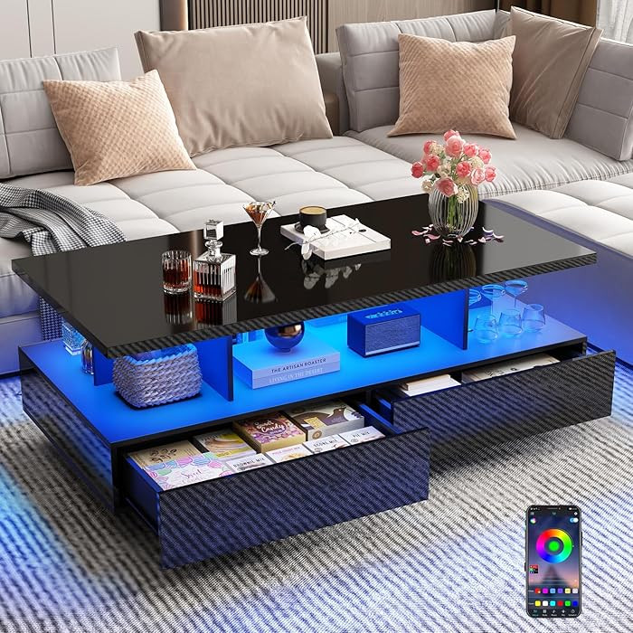 43in Large LED Coffee Table w/ 2 Big Storage Drawers,60,000-color Lights,App Control,High Glossy ... | Amazon (US)