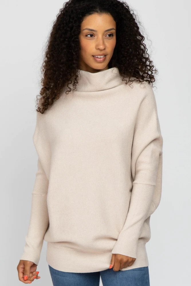 Beige Funnel Neck Dolman Sleeve Sweater | PinkBlush Maternity