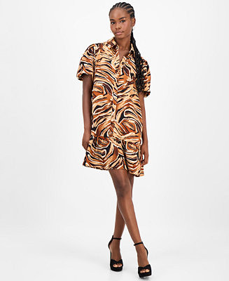 Petite Printed Puff-Sleeve Shirtdress | Macy's