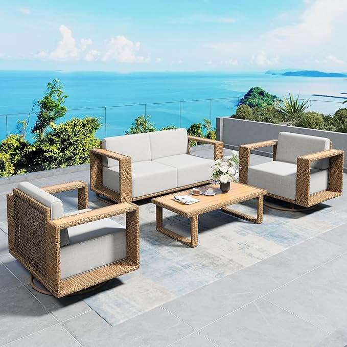 5 Pieces Patio Furniture Set,Outdoor Wicker Conversation Set with Swivel Chairs,All Weather Patio... | Amazon (US)