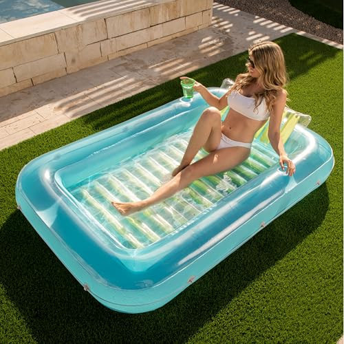SLOOSH Inflatable Tanning Pool Lounger Float, 70" x 46" Pool Floats Adult with Pillow, 4 in 1 Suntan Tub Raft Floatie,Sunbathing Bed Lounge for Water Blow Up Kids Ball Pit Party Gifts, L-Blue Green | Amazon (US)