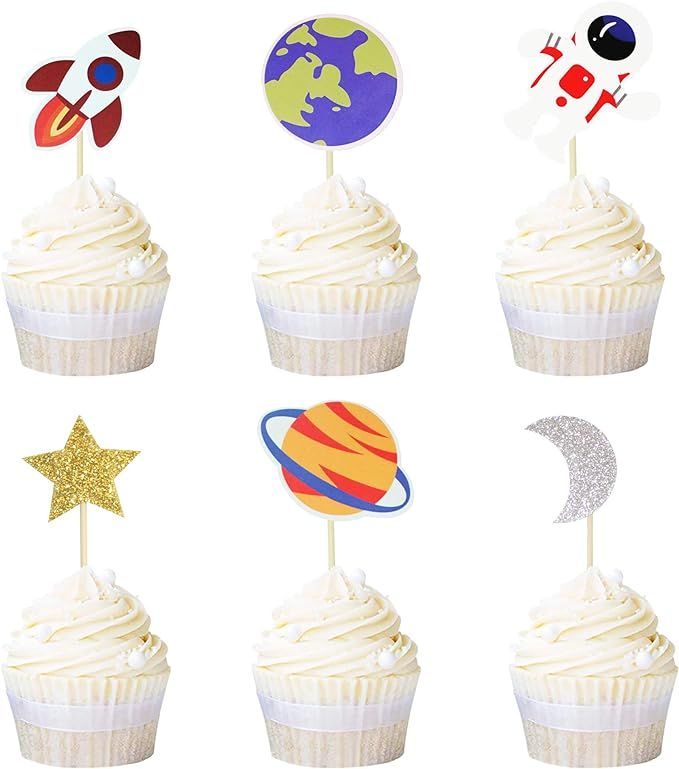 Ercadio 36 Pack Space Astronaut Cupcake Toppers Rocket Planet Trip to the Moon Cupcake Picks Baby... | Amazon (US)