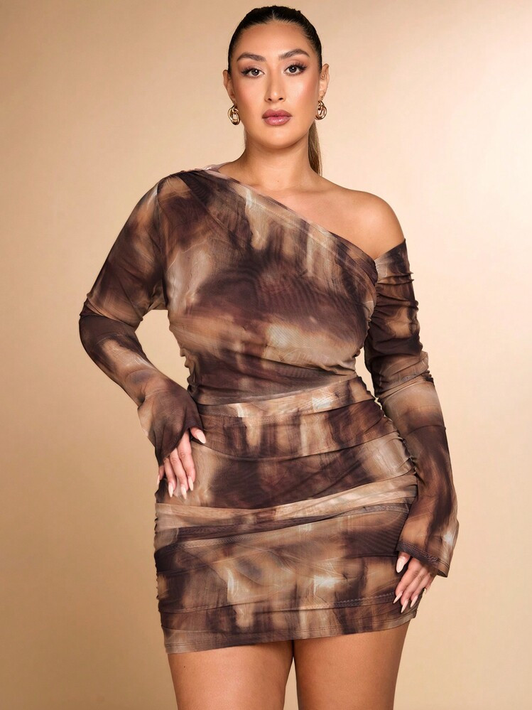 SHEIN X Phaith Montoya SHEIN BAE Plus-Size Women's Elegant Big Women's Daily Dating Outing Autumn And Winter Versatile Autumn And Winter Long-Sleeved Stretch Mesh Gathered Asymmetrical Neckline Oblique Shoulder Pleated Slim Top Mesh Long-Sleeved T-Shirt Marble Color Printed Dress | SHEIN