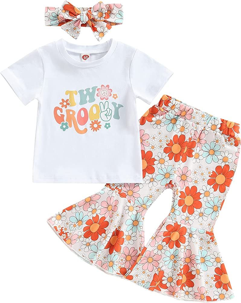 Lamuusaa Toddler Baby Girl Birthday Outfit Groovy One/Two Groovy Romper Shirts Flower Bell Bottom... | Amazon (US)