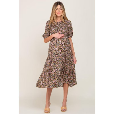 PinkBlush Multi-Color Floral Smocked Tiered Maternity Midi Dress Pink Small | Target