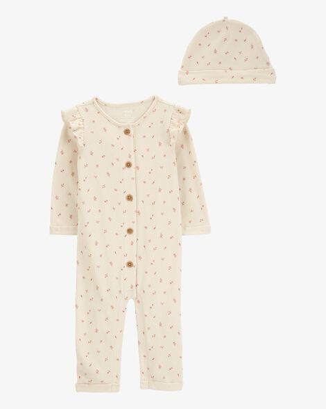 Baby Girl 2-Piece Button-Down Jumpsuit & Cap Set - Ivory | Carter's Inc