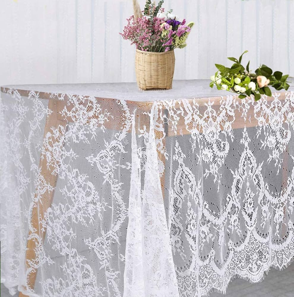 White Lace Tablecloth 60 × 120 Inch for Rustic Boho Wedding Bridal Shower Party Decoration, Clas... | Amazon (US)