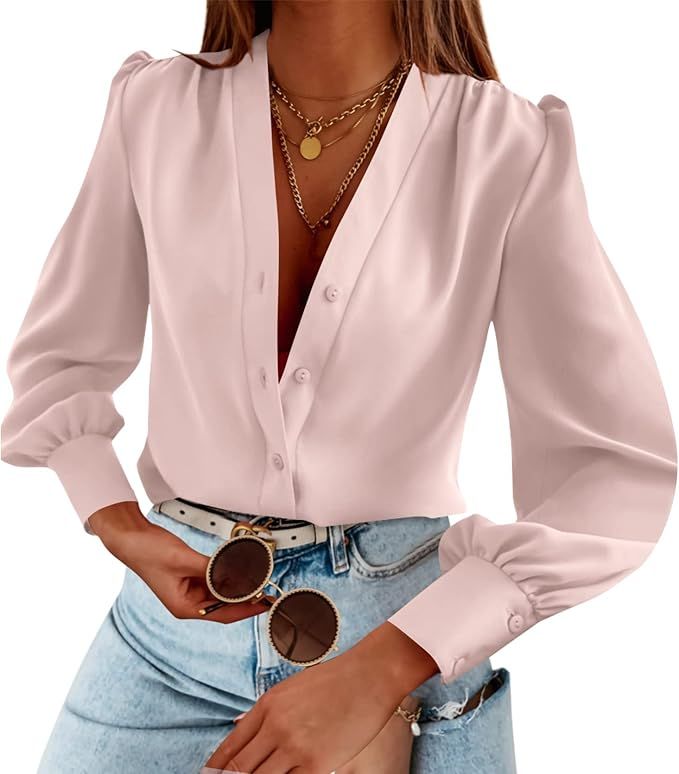 Women's Business Casual Tops Summer Long Sleeve Silk Button Down Shirts V Neck Chiffon Blouses | Amazon (US)