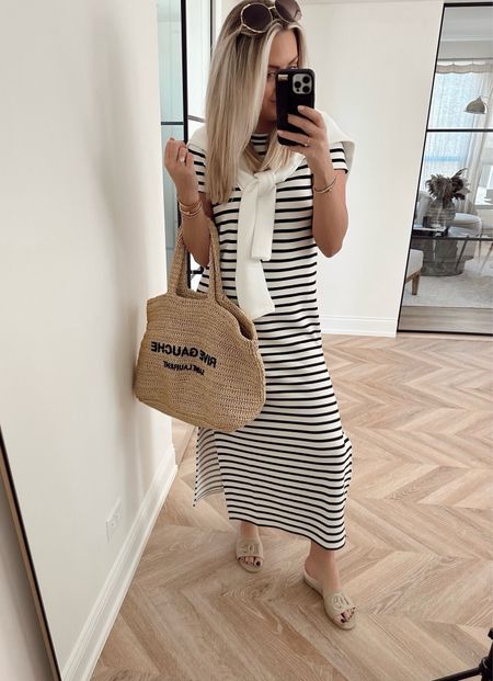 This SPANX dress is a must-have. Hangs so beautifully on & SUCH a nice material!
I ordered more colors! 
Dress: small
You can use code: LILLIEXSPANX for 10% off & free shipping on SPANX!

Travel style. Dress. Work outfit. Summer outfit. Stripe dress. Designer sandals.

#LTKSeasonal #LTKStyleTip #LTKWorkwear