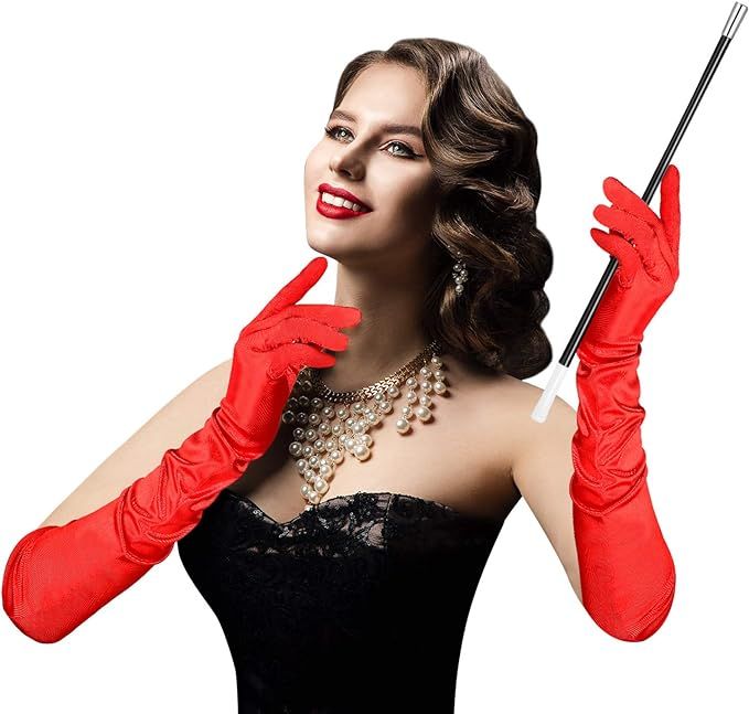 Red Satin Opera Gloves with Fake Holder Halloween Accessory, Roaring 20's Fancy Flapper Elbow Glo... | Amazon (US)