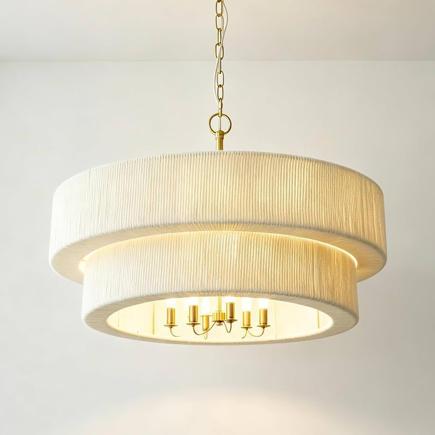 20\u2033Boho Rattan Gold Chandelier 6-Light Fixture,Off White Hand Woven Boho Coastal Adjustable ... | Amazon (US)