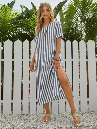 EMERY ROSE Split Thigh Cuffed Striped Dress | SHEIN