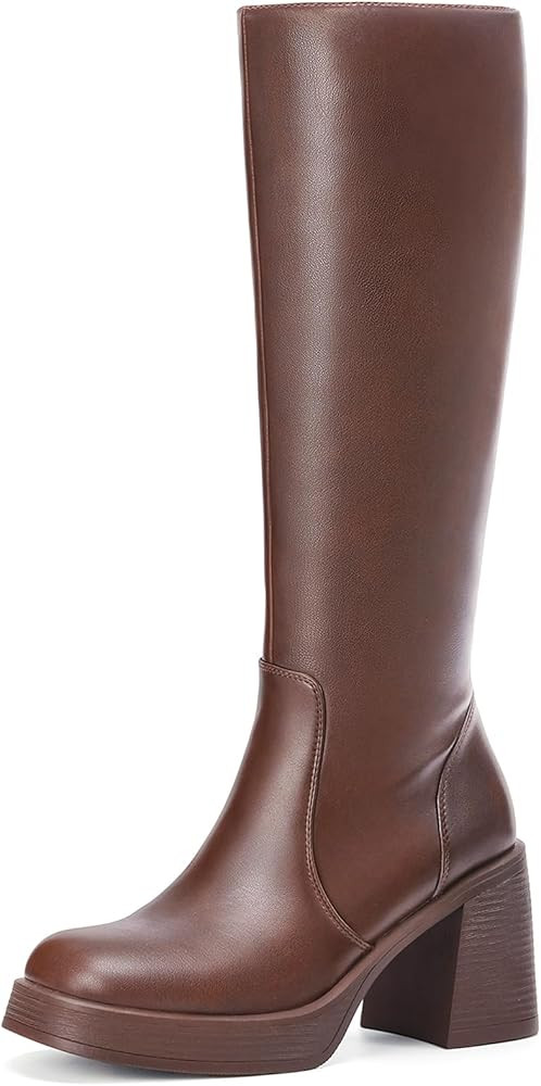 Knee High Boots for Women - Platform Tall Wide Calf Boots Square Toe Chunky Block Heeled Leather ... | Amazon (US)