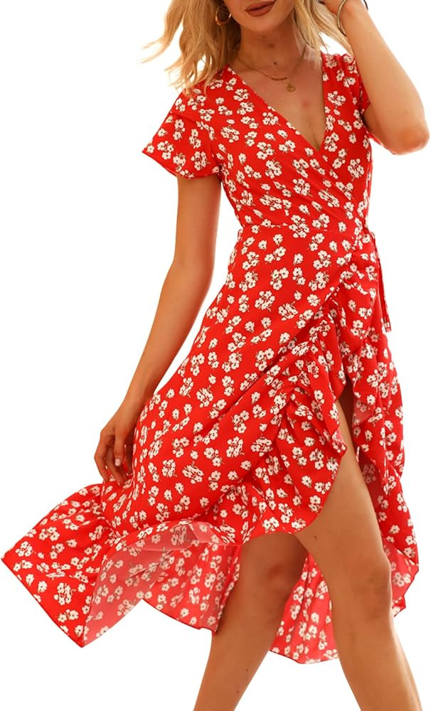 DREAM SLIM Womens Summer Bohemian Floral Maxi Dress V Neck Belted Wrap Ruffle Hem Beach Partytrop... | Amazon (US)