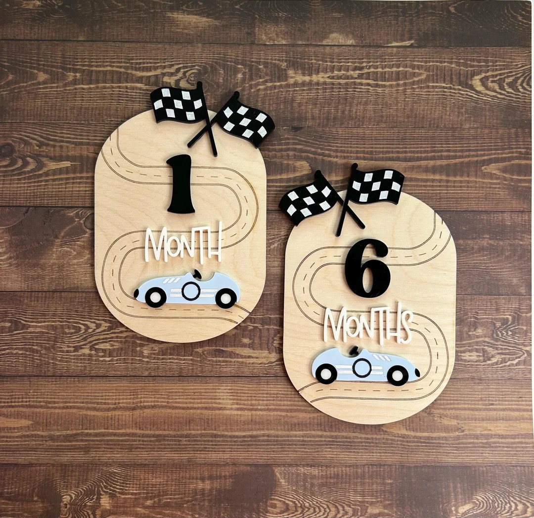 Race Car Baby Milestone Markers: Checkered Photo Prop, Baltic Birch | Etsy (US)