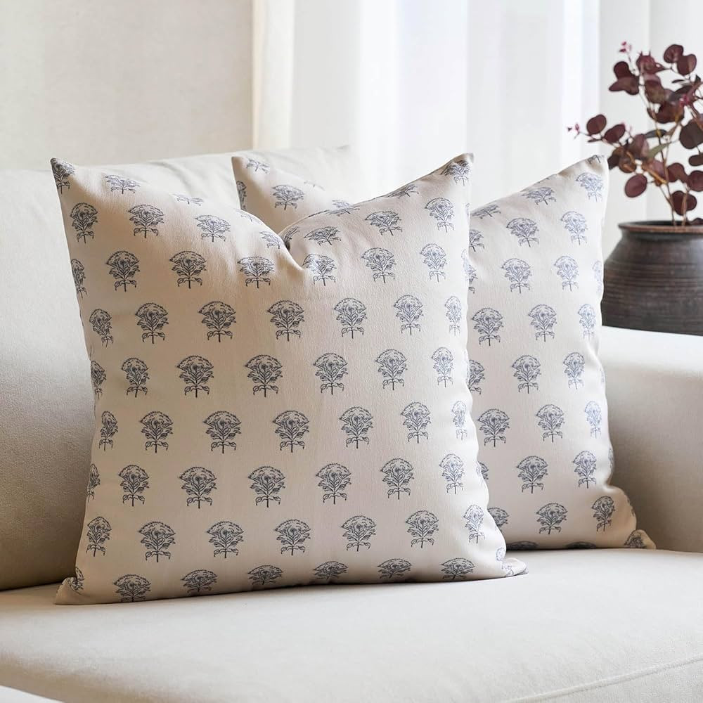 Amor Virisso Set of 2 Floral Block Print Pillow Covers 18x18 Inch, Vintage Flower Decorative Thro... | Amazon (US)